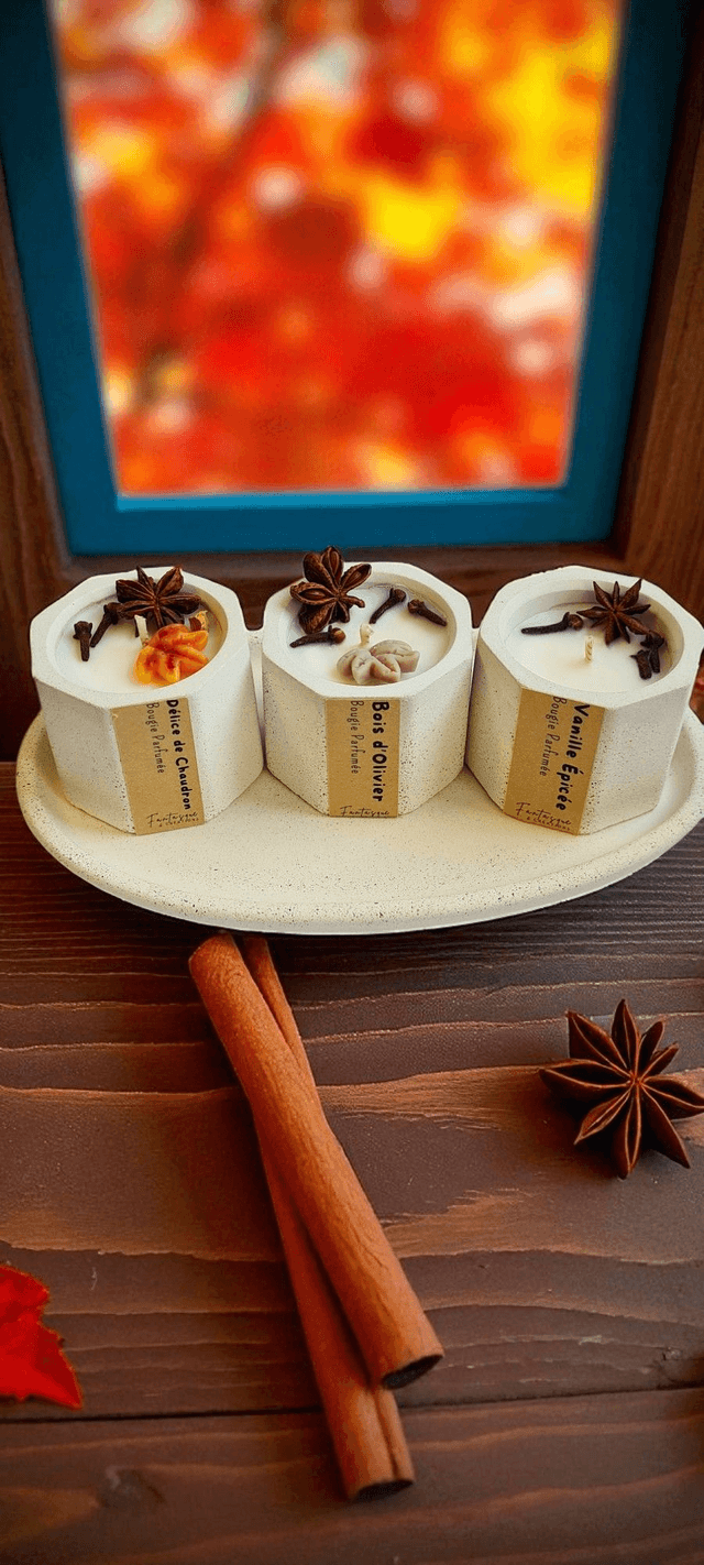 ✨ Trio de bougies automnales – Bois d’Olivier, Délice de Chaudron &amp; Vanille Épicée